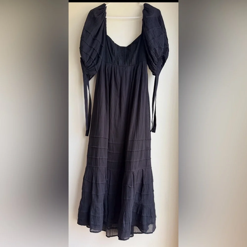 Free People Let’s Be Friends Black Summer Midi Dress Women’s Size S Puff Sleeve - Picture 4 of 16